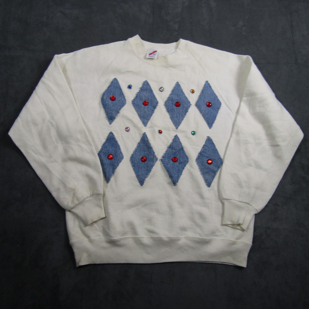 Jerzees Sweatshirt Men Large White Denim Patch Rhinestone Vintage 90s DIY 00925